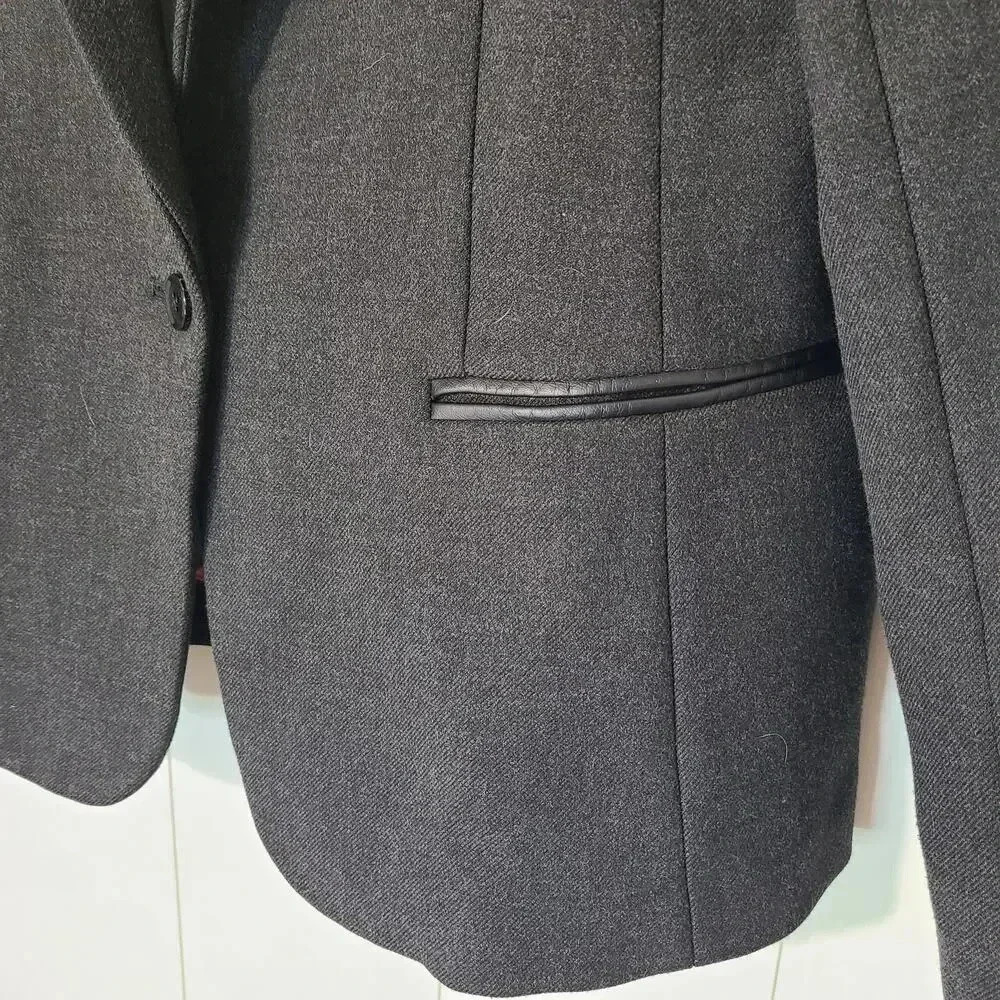 Banana Republic Faux Leather Trim Blazer Gray Stretch Office Size 14 - Picture 3 of 9